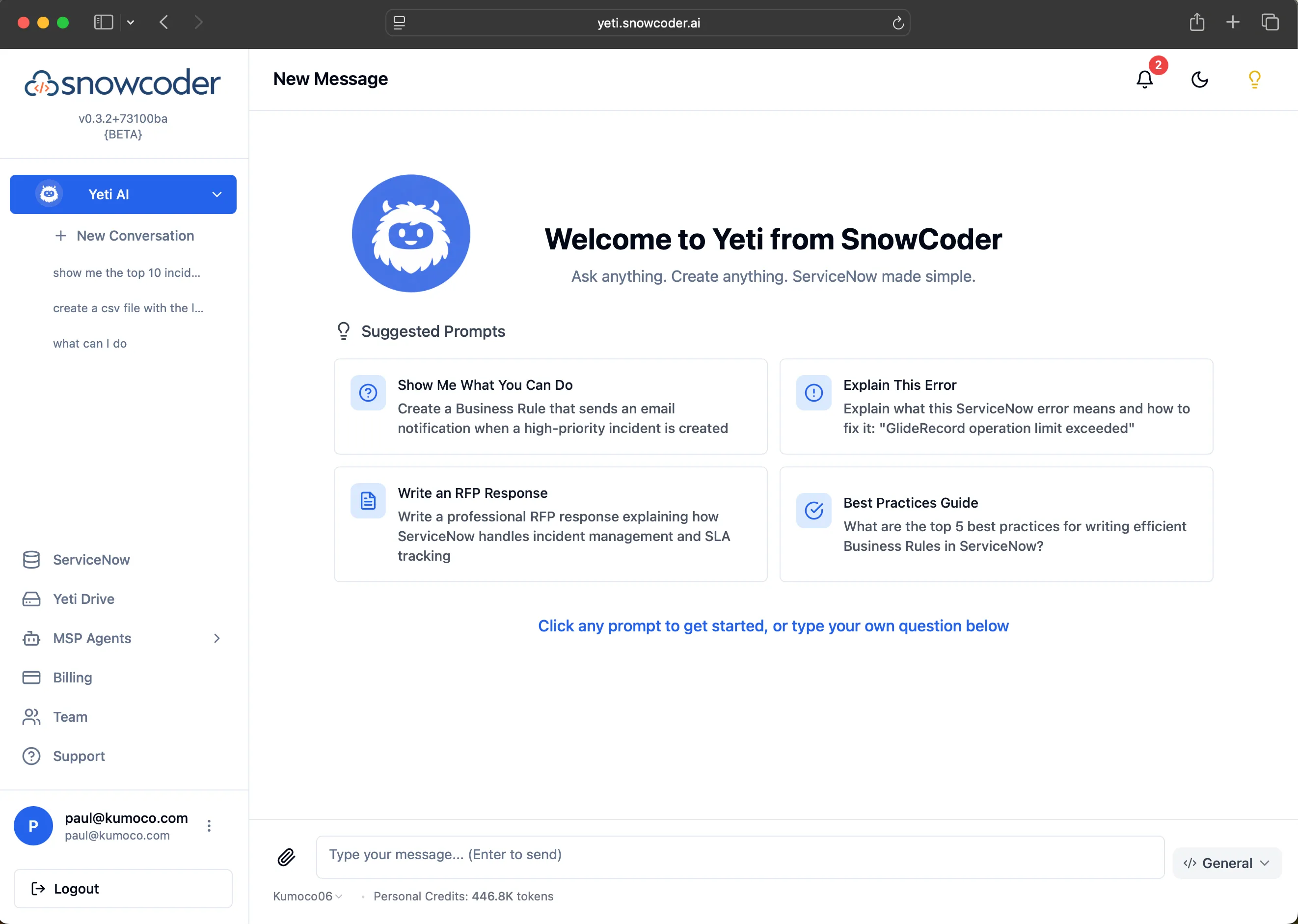SnowCoder Yeti AI for ServiceNow